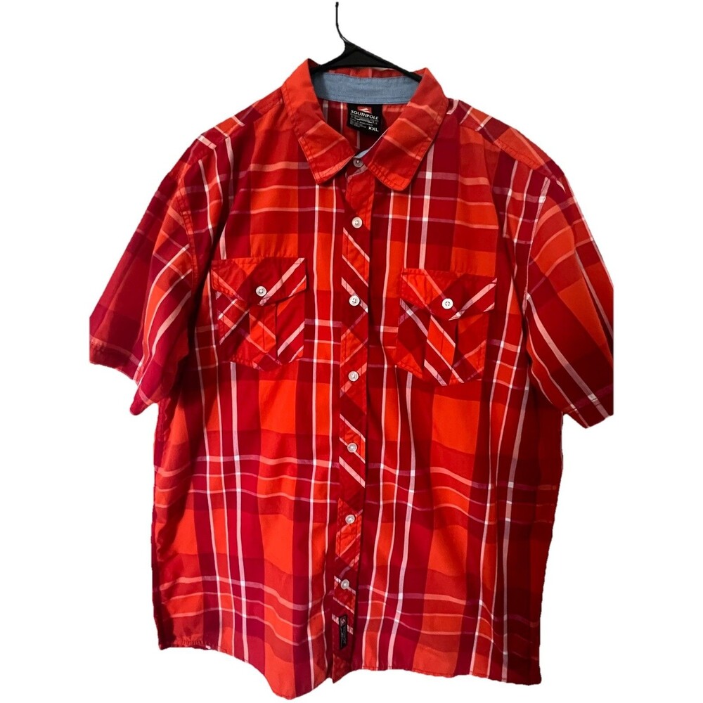 Men’s  Y2K SOUTHPOLE Orange, Red, & White Plaid Button Down SS Shirt Size XXL